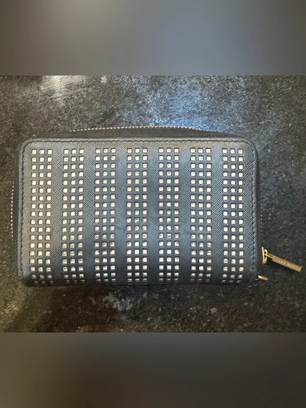 Tory Burch Black Fret-T Zip Continental Wallet